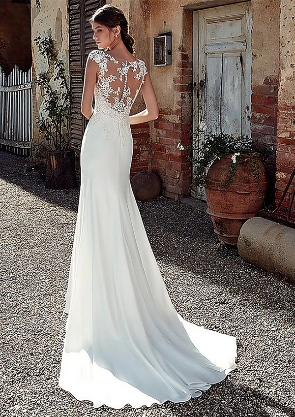 Mermaid Wedding Dresses Wedding Beach Chiffon Floor-length Open Back V-Neck Sleeveless Court Train Bridal Gowns With Appliques