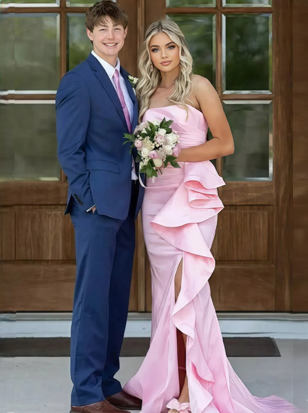 Mermaid Prom Dresses Off The Shoulder Strapless Satin Formal Dress With Ruffle Side Split