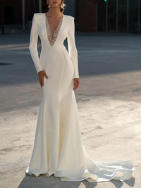 Mermaid Formal Wedding Dresses Elastic Satin V-Neck Long Sleeves Sweep / Brush Train Bridal Gowns With Beading Solid Color