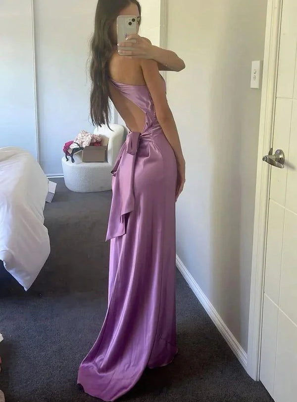 Sheath/Column Simple Prom Dress V Neck Sleeveless Floor-Length Formal Dress With Open Back