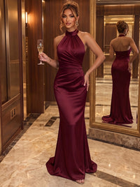 Sheath/Column Evening Dresses Halter Neck Sleeveless Floor Length Satin Ruched Formal Party Dress Wedding Guest Dress