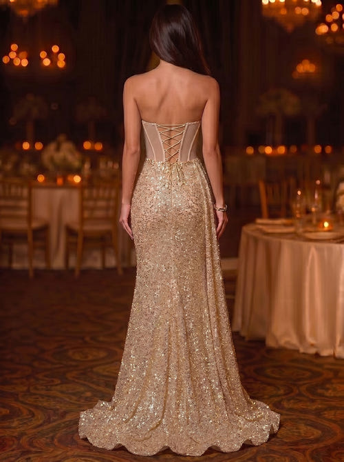 Sequin Mermaid/Trumpet Evening Gown Elegant Formal Dress Corset Wedding Floor Length Sleeveless Strapless Ruched Sequined with Cape