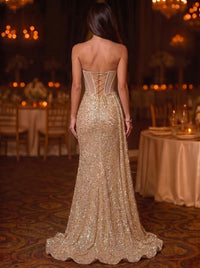 Sequin Mermaid/Trumpet Evening Gown Elegant Formal Dress Corset Wedding Floor Length Sleeveless Strapless Ruched Sequined with Cape