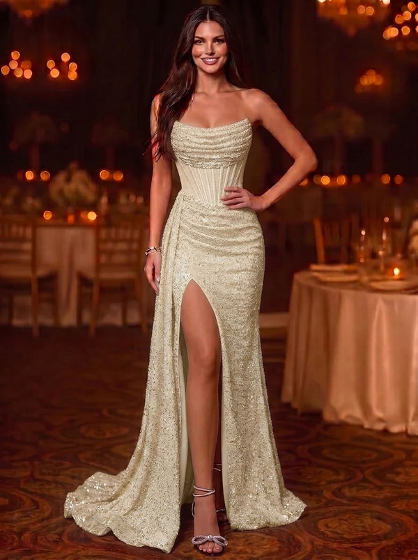 Sequin Mermaid/Trumpet Evening Gown Elegant Formal Dress Corset Wedding Floor Length Sleeveless Strapless Ruched Sequined