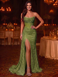 Sequin Mermaid/Trumpet Evening Gown Elegant Formal Dress Corset Wedding Floor Length Sleeveless Strapless Ruched Sequined with Cape
