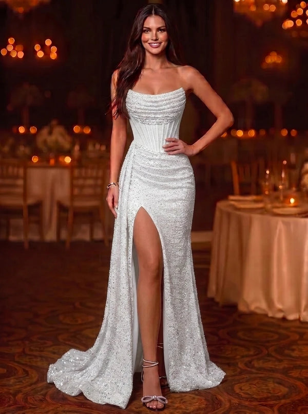 Sequin Mermaid/Trumpet Evening Gown Elegant Formal Dress Corset Wedding Floor Length Sleeveless Strapless Ruched Sequined