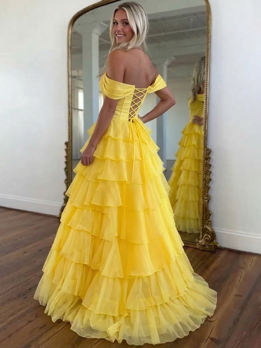 A-Line/Princess Long Prom Dresses Short Sleeves Basque Waist Sweetheart Floor-length Corset Dresses With Layered Ruffle