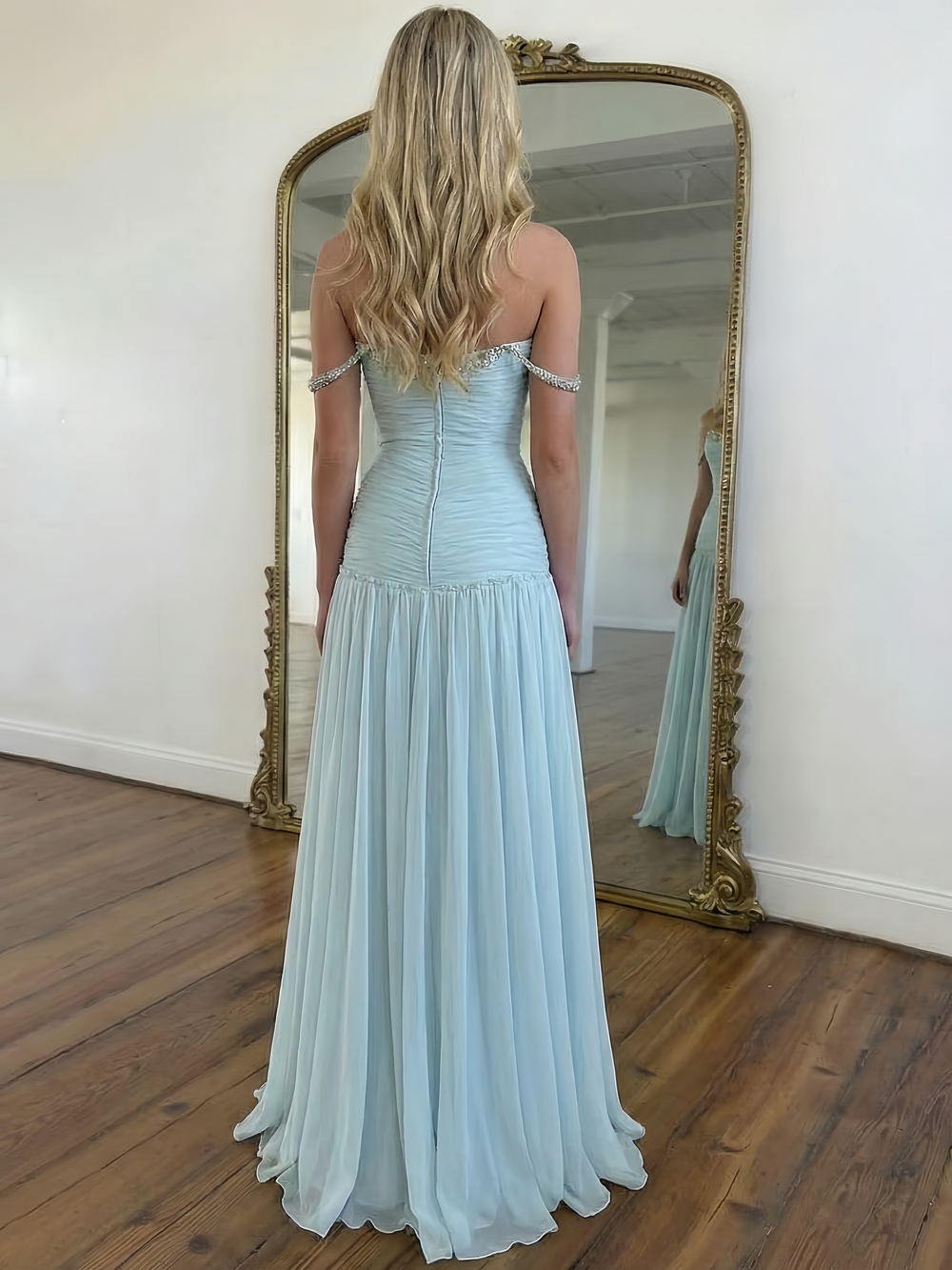 A-Line/Princess Long Prom Dresses Chiffon Off The Shoulder Sleeveness Floor-length Sweep Train Prom Dress With Beads