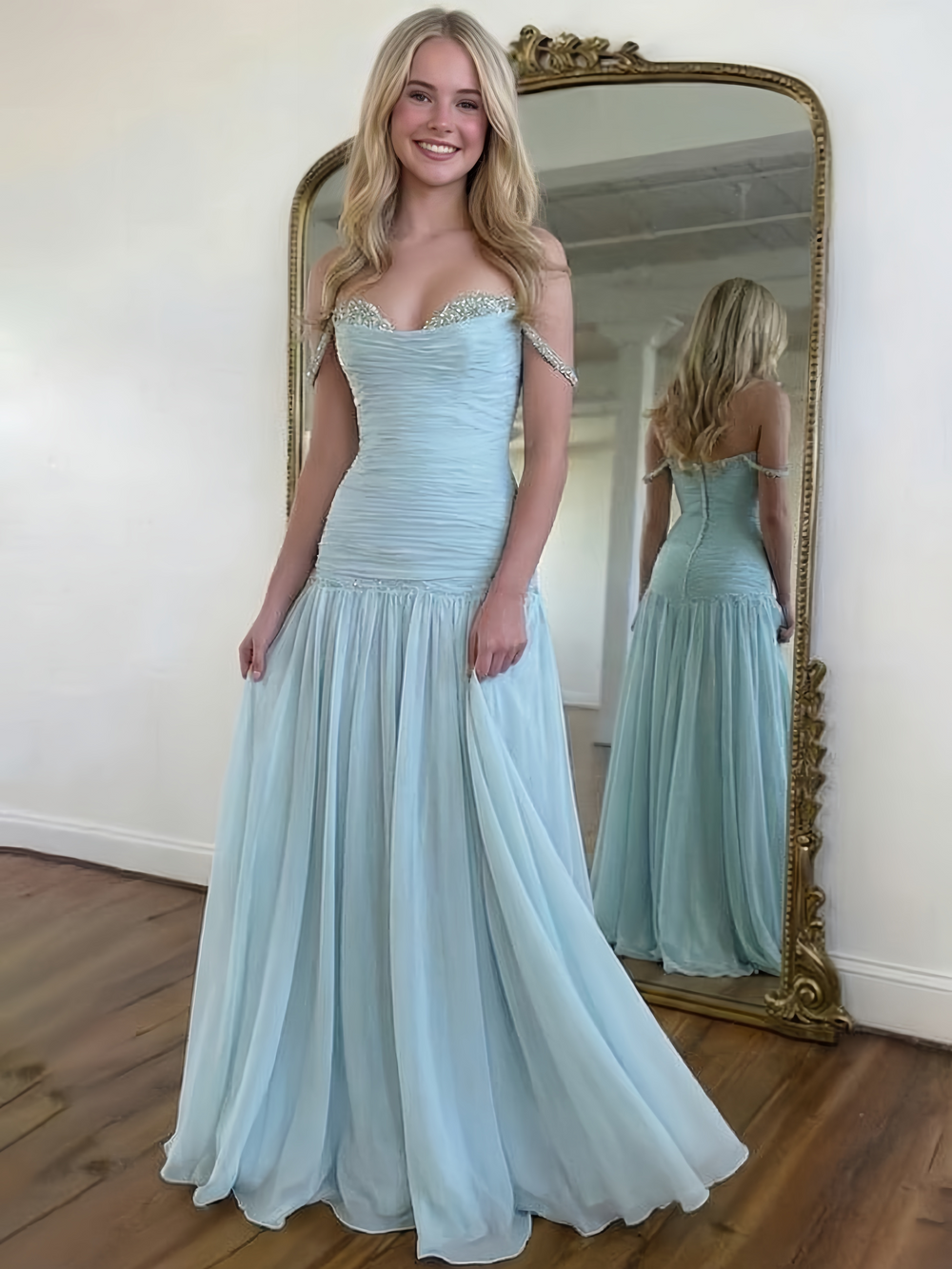 A-Line/Princess Long Prom Dresses Chiffon Off The Shoulder Sleeveness Floor-length Sweep Train Prom Dress With Beads