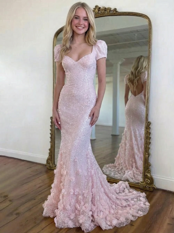 Mermaid/Trumpet Prom Floral Sequin Sweetheart Short Sleeves Cold Shoulder Floral Mermaid Prom Dress