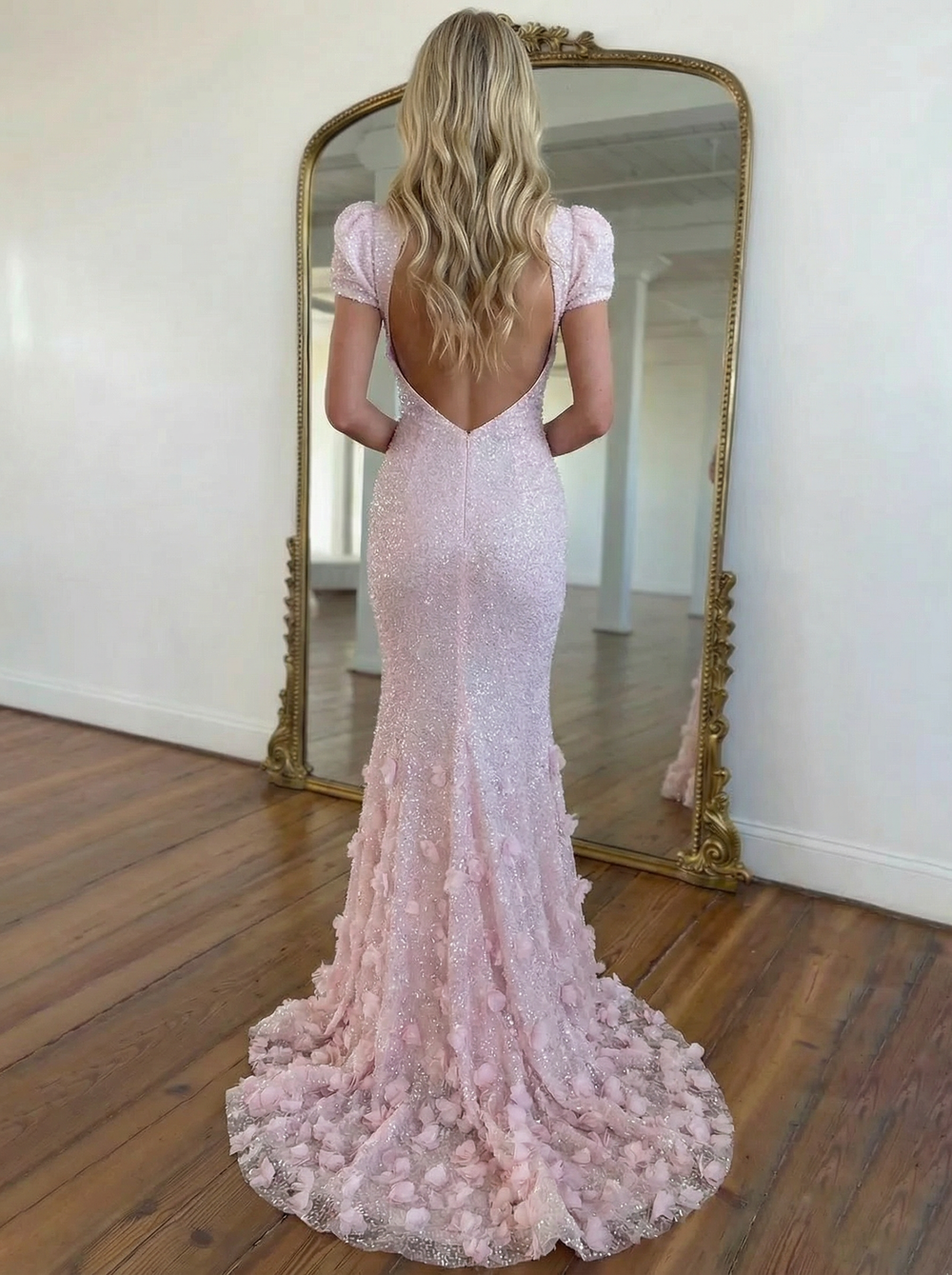 Mermaid/Trumpet Prom Floral Sequin Sweetheart Short Sleeves Cold Shoulder Floral Mermaid Prom Dress