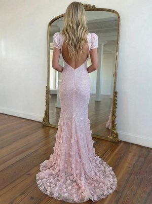 Mermaid/Trumpet Prom Floral Sequin Sweetheart Short Sleeves Cold Shoulder Floral Mermaid Prom Dress