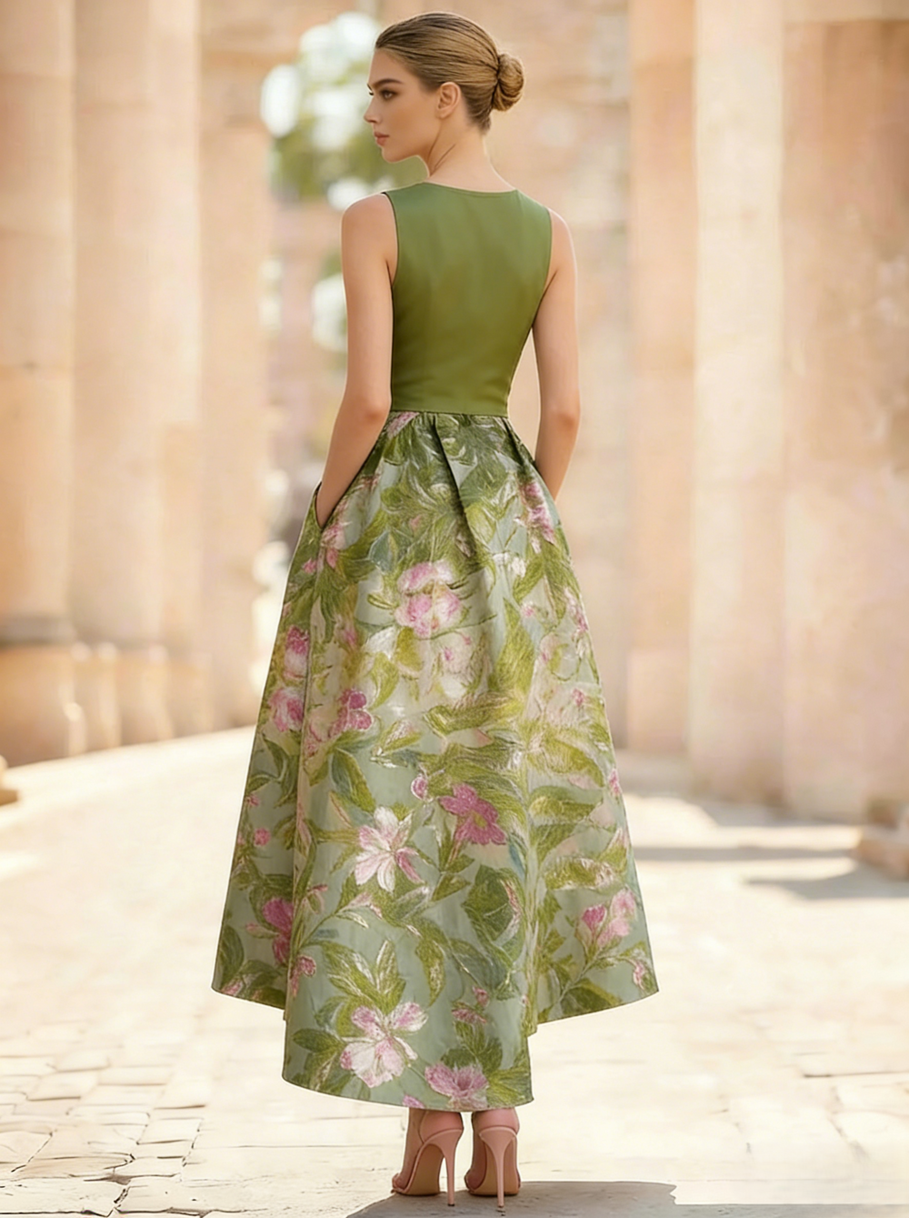 A-Line Cocktail Dress Elegant Jacquard Floral Dress Floor Length Sleeveless V Neck with Pocket Floral Wedding Guest Dress