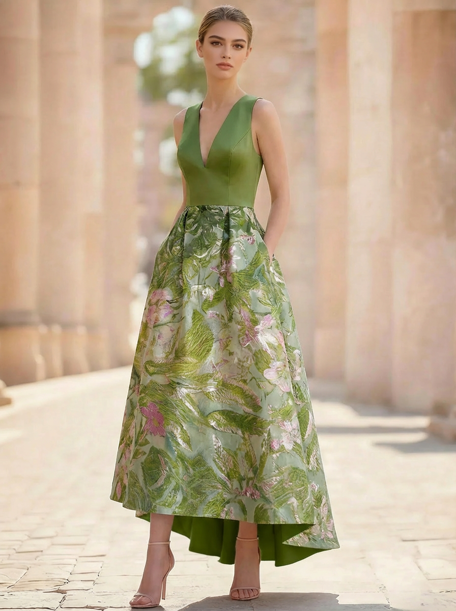 A-Line Cocktail Dress Elegant Jacquard Floral Dress Floor Length Sleeveless V Neck with Pocket Floral Wedding Guest Dress