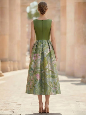 A-Line Cocktail Dress Elegant Jacquard Floral Dress Sleeveless Boat Neck with Pocket Floral Wedding Guest Dress