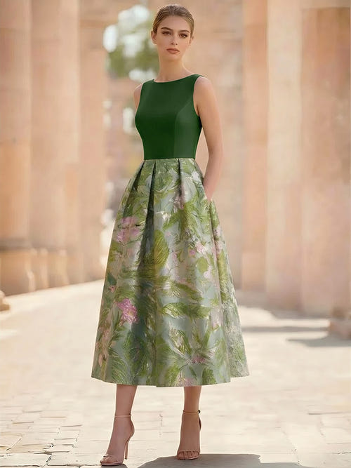 A-Line Cocktail Dress Elegant Jacquard Floral Dress Sleeveless Boat Neck with Pocket Floral Wedding Guest Dress