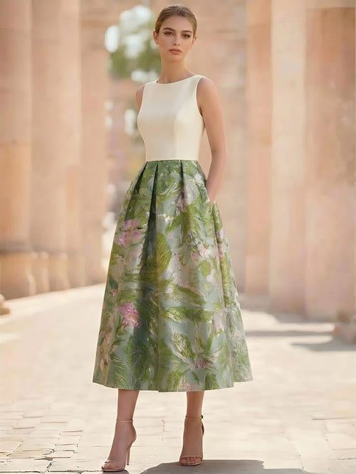 A-Line Cocktail Dress Elegant Jacquard Floral Dress Sleeveless Boat Neck with Pocket Floral Wedding Guest Dress