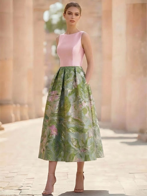 A-Line Cocktail Dress Elegant Jacquard Floral Dress Sleeveless Boat Neck with Pocket Floral Wedding Guest Dress