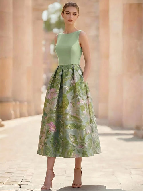 A-Line Cocktail Dress Elegant Jacquard Floral Dress Sleeveless Boat Neck with Pocket Floral Wedding Guest Dress