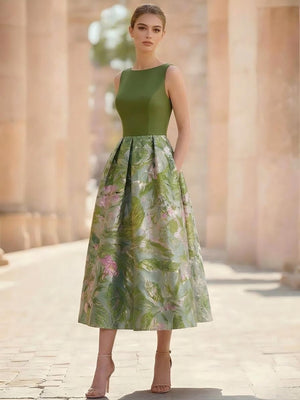 A-Line Cocktail Dress Elegant Jacquard Floral Dress Sleeveless Boat Neck with Pocket Floral Wedding Guest Dress