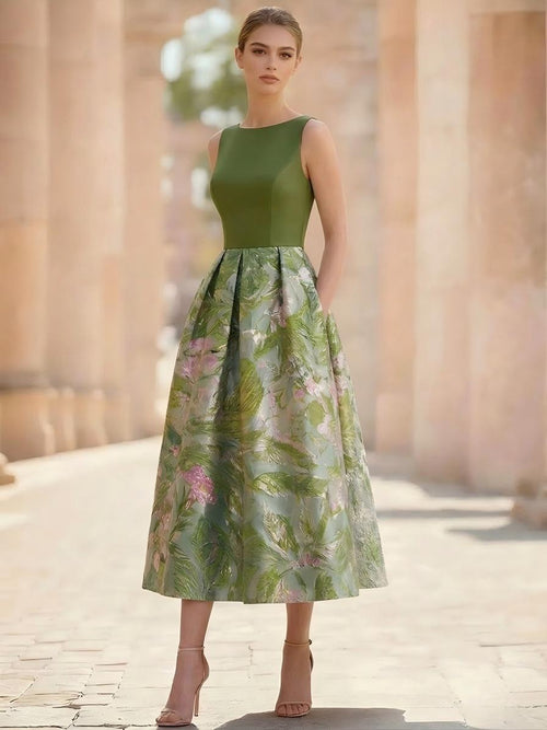 A-Line Cocktail Dress Elegant Jacquard Floral Dress Sleeveless Boat Neck with Pocket Floral Wedding Guest Dress
