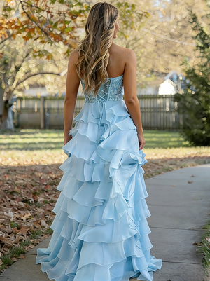 A-Line/Princess Tiered Prom Dresses V Neck Sleeveless Floor-Length Corset Dresses With Appliques