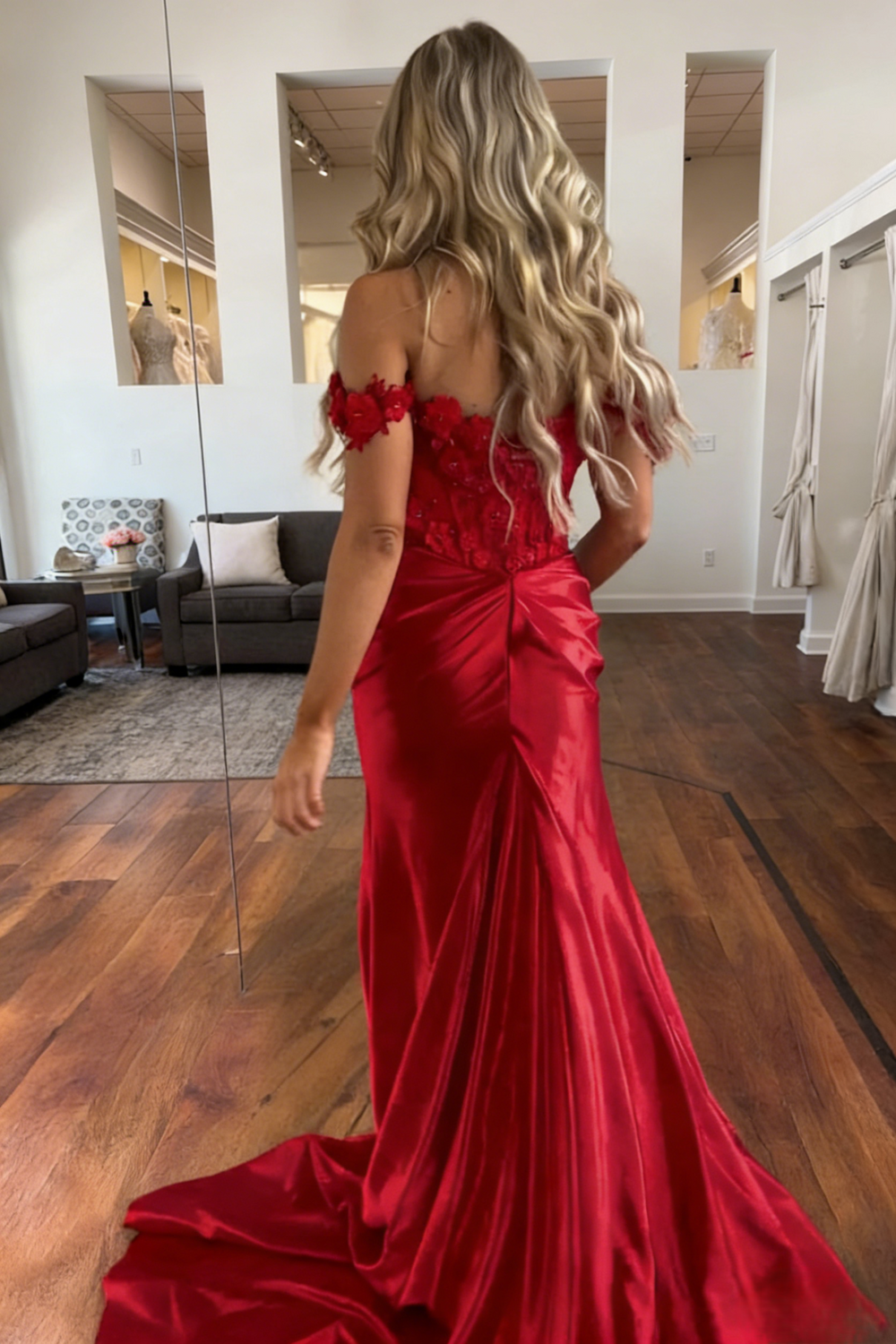 Trumpet/Mermaid Long Prom Dresses Satin Formal Dresses Off The Shoulder Floor-length Front Split With Floral