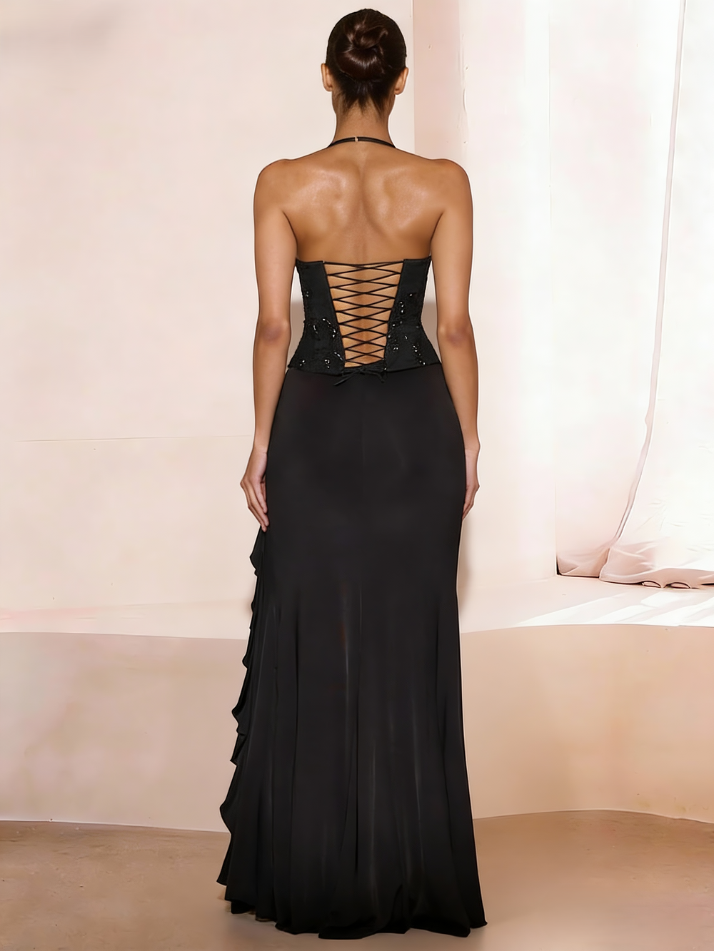 Sheath/Column Long Prom Dress Corset Satin Smiple Formal Dresses Spaghetti Straps Floor-length With Side Split