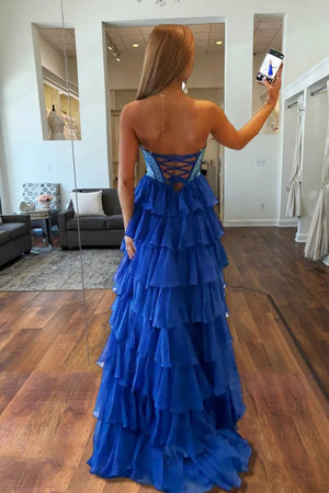 A-Line/Princess Prom Dresses Sweetheart Sleeveless Floor-length Corset Dresses With Layered Ruffle Rhinestone