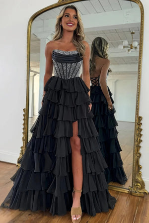 A-Line/Princess Prom Dresses Sweetheart Sleeveless Floor-length Corset Dresses With Layered Ruffle Rhinestone