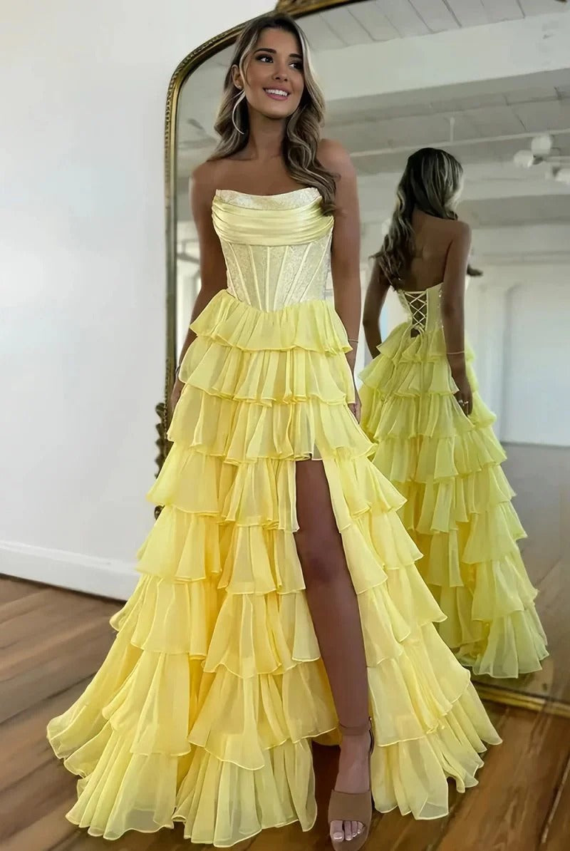 A-Line/Princess Prom Dresses Sweetheart Sleeveless Floor-length Corset Dresses With Layered Ruffle Rhinestone