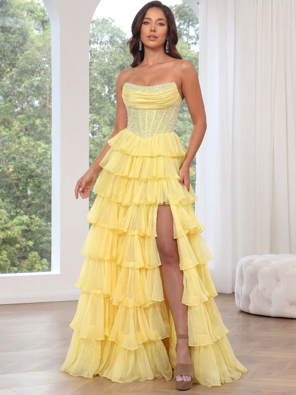 A-Line/Princess Prom Dresses Sweetheart Sleeveless Floor-length Corset Dresses With Layered Ruffle Rhinestone