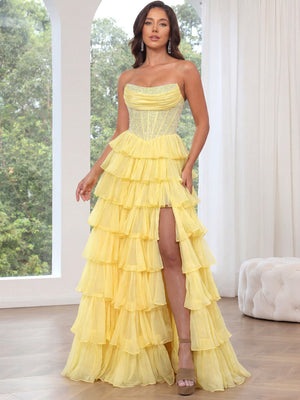 A-Line/Princess Prom Dresses Sweetheart Sleeveless Floor-length Corset Dresses With Layered Ruffle Rhinestone