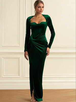 Mermaid Velvet Evening Gown Floor Length Sweet Heart Long Sleeves With Back Zipper Ruched