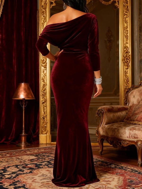 Mermaid Velvet Evening Gown Christmas Party Floor Length One Shoulder Long Sleeves Elegant Formal Dress