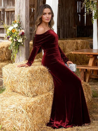 Mermaid Velvet Evening Gown Christmas Party Floor Length One Shoulder Long Sleeves Elegant Formal Dress