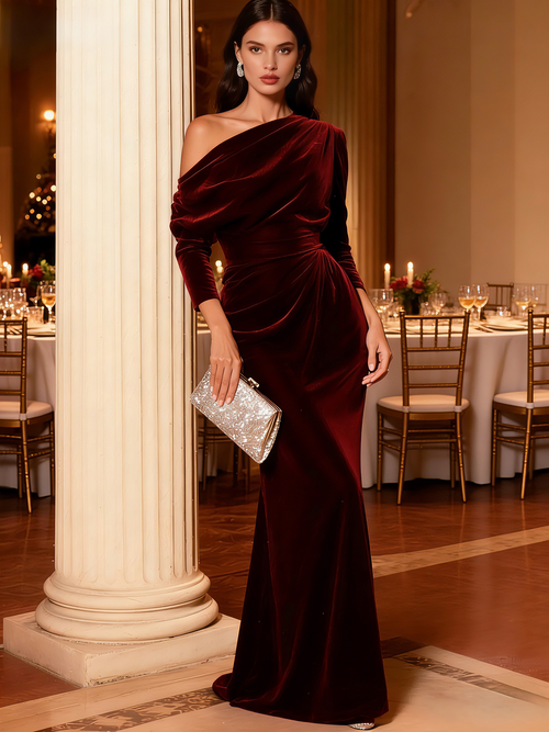 Mermaid Velvet Evening Gown Christmas Party Floor Length One Shoulder Long Sleeves Elegant Formal Dress