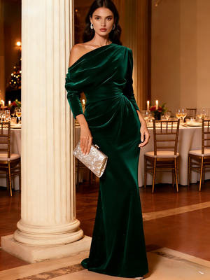 Mermaid Velvet Evening Gown Christmas Party Floor Length One Shoulder Long Sleeves Elegant Formal Dress