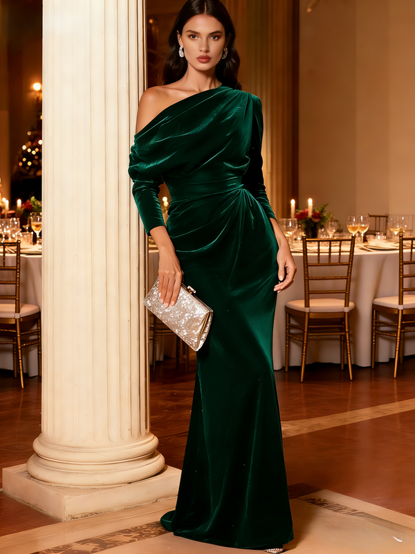 Mermaid Velvet Evening Gown Christmas Party Floor Length One Shoulder Long Sleeves Elegant Formal Dress