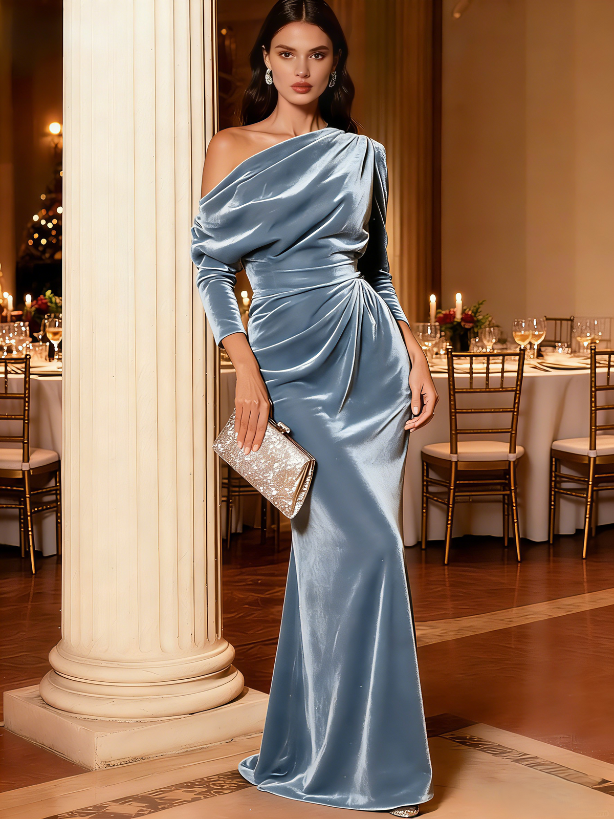 Nafori Dusty Blue Mermaid Velvet Evening Gown Christmas Party Floor Length One Shoulder Long Sleeves Elegant Formal Dress 2026
