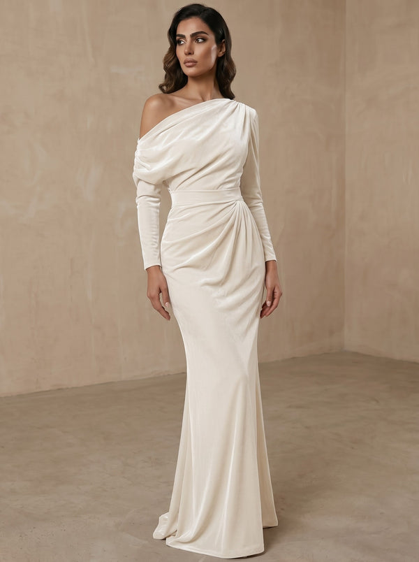 Mermaid Velvet Evening Gown Christmas Party Floor Length One Shoulder Long Sleeves Elegant Formal Dress