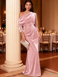 Mermaid Velvet Evening Gown Christmas Party Floor Length One Shoulder Long Sleeves Elegant Formal Dress