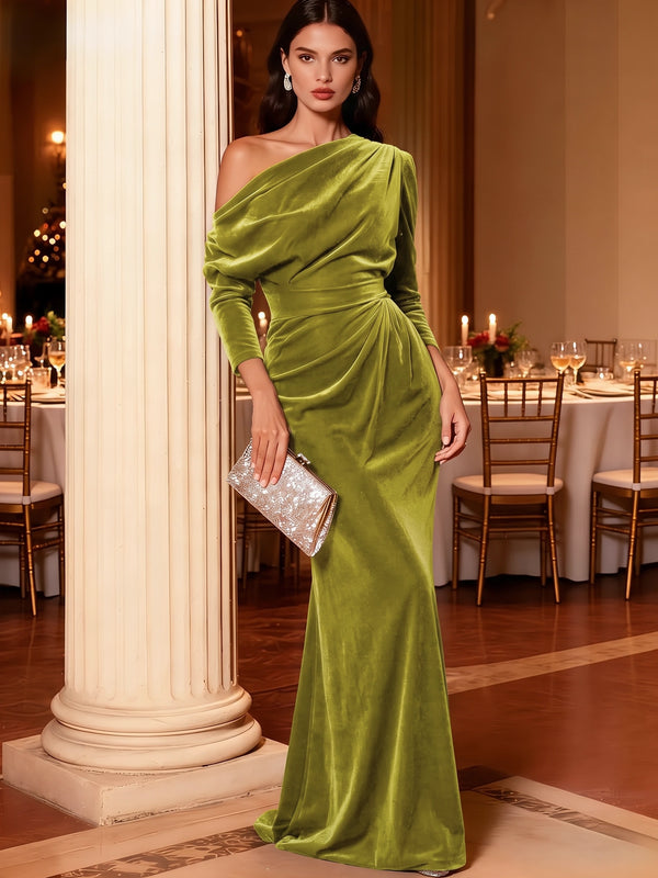 Mermaid Velvet Evening Gown Christmas Party Floor Length One Shoulder Long Sleeves Elegant Formal Dress