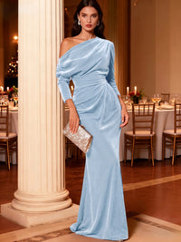 Mermaid Velvet Evening Gown Christmas Party Floor Length One Shoulder Long Sleeves Elegant Formal Dress
