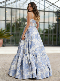 A-Line/Princess Floral Prom Dresses Corset Spaghetti Straps Floor-Length Jacquard Dresses With Pocket