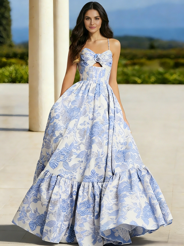 A-Line/Princess Floral Prom Dresses Corset Spaghetti Straps Floor-Length Jacquard Dresses With Pocket