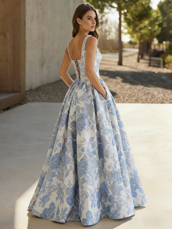 A-Line/Princess Floral Prom Dresses Corset Strapless Floor-Length Jacquard Pearl Dresses With Pocket