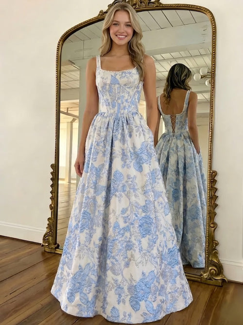 Nafori Blue A-Line/Princess Floral Prom Dresses Basque Waist Corset Strapless Floor-Length Jacquard Pearl Dresses With Pocket 2026 Nafori Blue A-Line/Princess Floral Prom Dresses Basque Waist Corset Strapless Floor-Length Jacquard Pearl Dresses With Pocket 2026