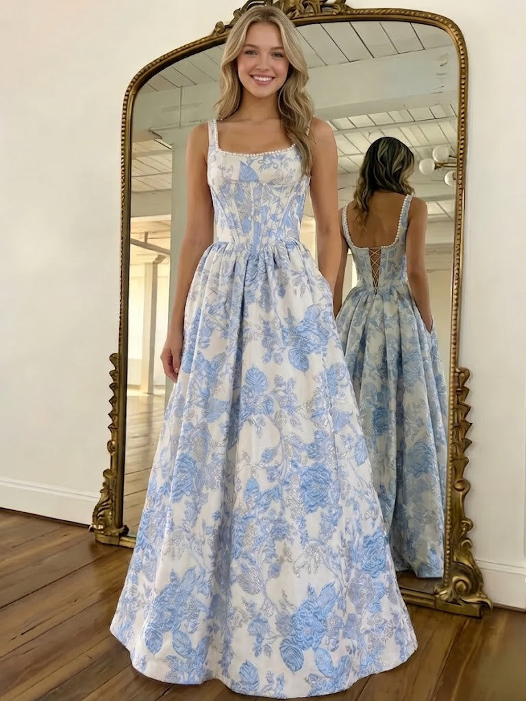 A-Line/Princess Floral Prom Dresses Basque Waist Corset Strapless Floor-Length Jacquard Pearl Dresses With Pocket