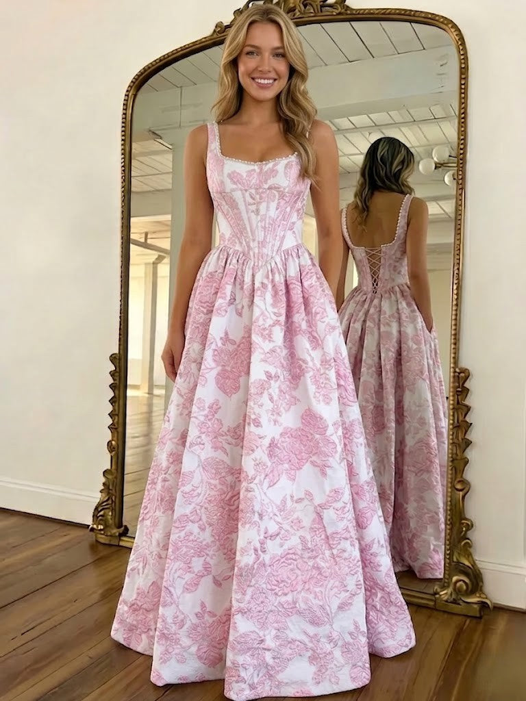 A-Line/Princess Floral Prom Dresses Basque Waist Corset Strapless Floo – Nafori